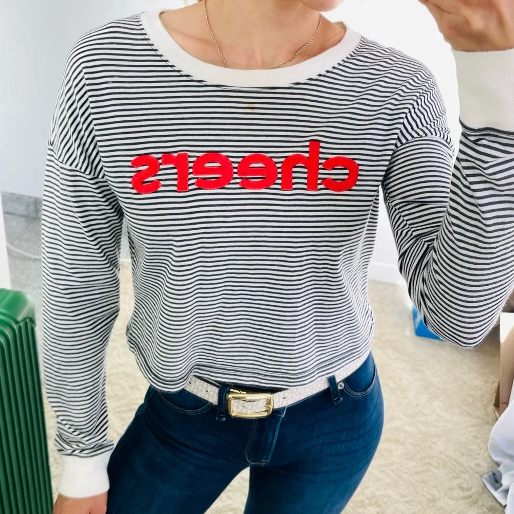 ABERCROMBIE $ Fitch sweatshirt long tee cropped striped CHEERS - Picture 1 of 10